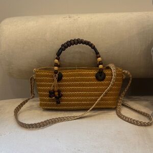 Handcrafted Tan Woven Bag with Beaded Handle